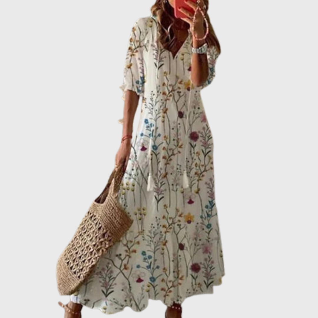 Béatrice | Boho-Vintage Šaty S Výstřihem Do V A Puntíkovým Vzorem